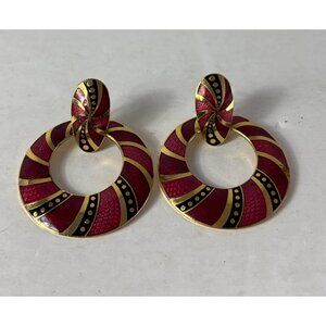 Vintage Red Black Goldtone Enamel Hoop Earrings 2.25 inches